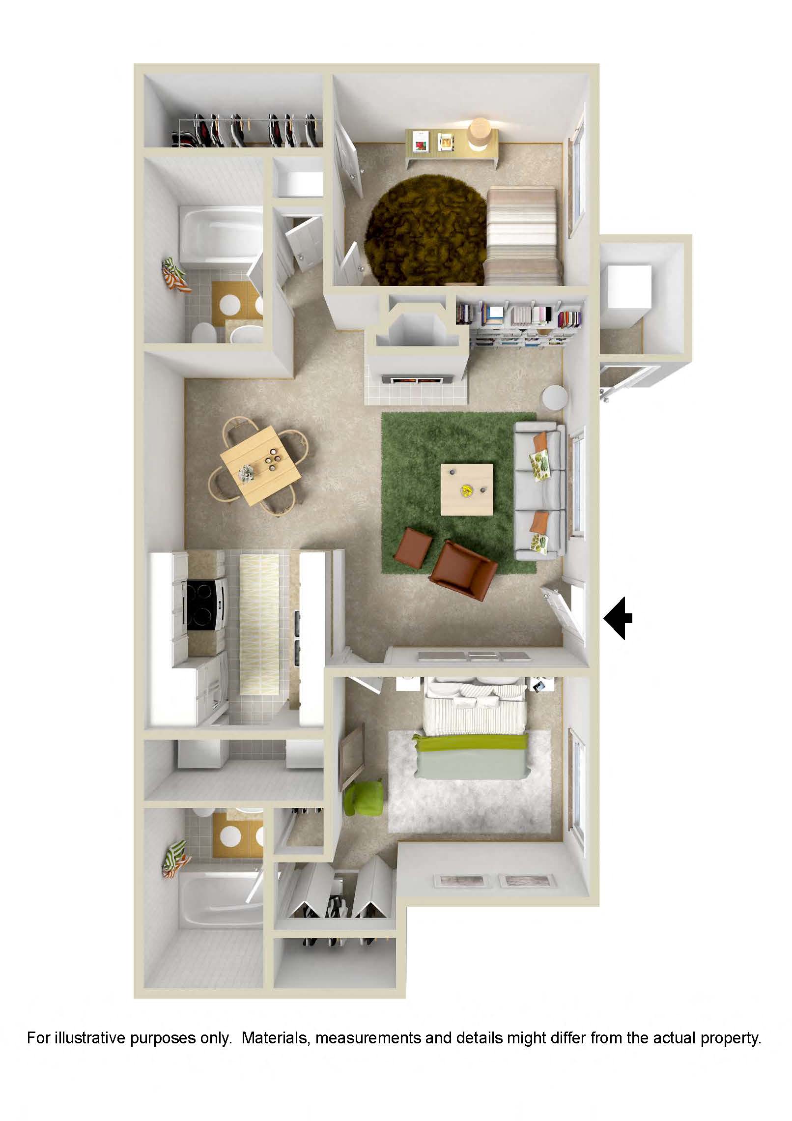 Floor plan for 2 beds, 2 baths, 957 sqft